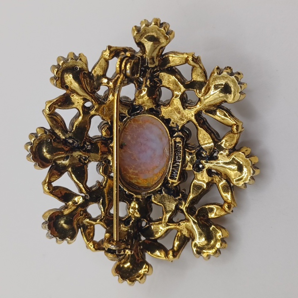 Hollycraft Simulated Fire Opal And Faux Pearl Gold Tone Brooch - Picture 6 of 6